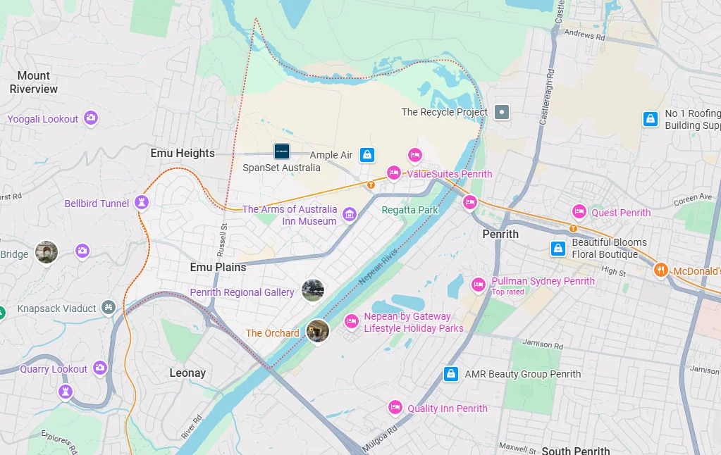 Map showing Penrith, Emu Plains and surrounding service areas