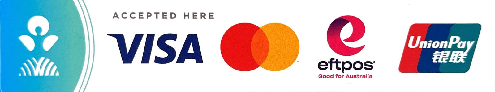 Accepted payment methods including Visa, Mastercard, eftpos and UnionPay